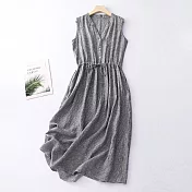 【ACheter】 棉麻收腰顯瘦長裙無袖條紋連身裙背心收腰長版洋裝# 117772 M 藏青色
