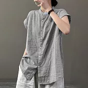 【ACheter】 文藝立領通勤棉無袖襯衫寬鬆舒適休閒百塔中長上衣# 117824 2XL 黑灰色