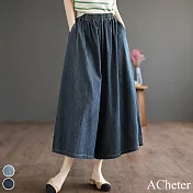 【ACheter】 文藝牛仔大碼休閒裙褲鬆緊腰薄款七分百搭闊腿褲# 117949 M 深藍色
