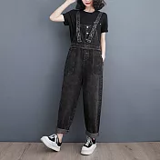 【ACheter】 大碼寬鬆單排扣牛仔背帶寬鬆工作刷色經典吊帶長褲# 118107 M 黑色