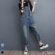 【ACheter】 大碼寬鬆單排扣牛仔背帶寬鬆工作刷色經典吊帶長褲# 118107 M 藍色