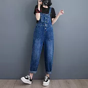 【ACheter】 大碼寬鬆單排扣牛仔背帶寬鬆工作刷色經典吊帶長褲# 118107 M 深藍色