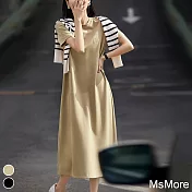 【MsMore】 巴黎夜曲連身裙短袖優雅簡約圓領純色長版洋裝# 118117 M 卡其色
