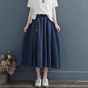 【慢。生活】鬆緊腰盤扣刺繡復古漢服雙層中長裙 J10753  FREE 深藍色