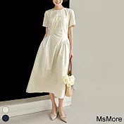 【MsMore】 法式通勤棉質褶皺氣質連身裙短袖圓領長版洋裝# 118123 M 米色
