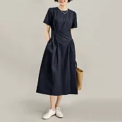 【MsMore】 法式通勤棉質褶皺氣質連身裙短袖圓領長版洋裝# 118123 M 深藍色