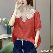 【MsMore】 桔紅色拼接蕾絲荷葉V領短袖寬鬆短版上衣# 118098 XL 橘色