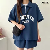 【AMIEE】字母拉鍊休閒運動套裝(3色/M-3XL/KDA-156) 3XL 藍色