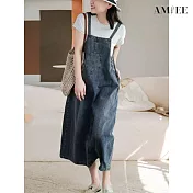 【AMIEE】後開衩水洗復古牛仔吊帶裙(復古藍/M-2XL/KDDY-1967) L 復古藍