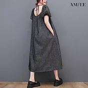 【AMIEE】優雅挖洞造型泡泡袖牛仔洋裝(3色/M-2XL/KDDY-8388) 2XL 黑灰色