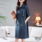 【初色】素色短袖大碼開衫收腰顯瘦牛仔連衣裙洋裝-藍色-68565(M-2XL可選) L 藍色