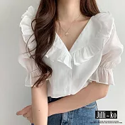 【Jilli~ko】荷葉邊V領氣質甜美泡泡袖雪紡襯衫 J10780  FREE 白色