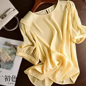 【初色】圓領T恤薄款蕾絲短袖套衫上衣-共2色-68504(M-2XL可選) 2XL 黃色