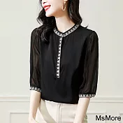 【MsMore】 歐洲復古黑色圓立領刺繡絲質五分袖氣質短版上衣# 118259 2XL 黑色