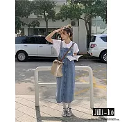 【Jilli~ko】韓版休閒百搭寬鬆口袋牛仔吊帶裙 J10826  FREE 藍色