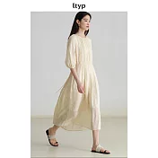 ltyp旅途原品 真絲亞麻優雅休閒褶皺連衣裙 M L-XL  M 淺乾草黃