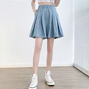 【MsMore】 特大碼高腰牛仔五分褲裙闊腿壓褶顯瘦裙褲# 118225 2XL 藍色