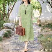【ACheter】 大碼時尚綠意印花國風斜襟立領苧麻感連身裙改良旗袍寬鬆洋裝# 118286 L 綠色
