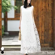 【ACheter】 無袖顯瘦優雅蕾絲連身裙氣質一字領復古文藝背心長版洋裝# 118363 L 白色