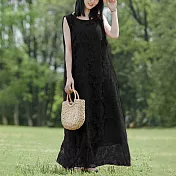 【ACheter】 無袖顯瘦優雅蕾絲連身裙氣質一字領復古文藝背心長版洋裝# 118363 2XL 黑色