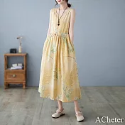 【ACheter】 芒草綠黃圓領棉麻印花無袖背心連身裙涼爽長版洋裝# 117729 L 黃