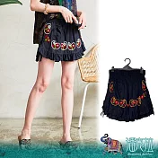 潘克拉 | 鬆緊腰荷葉邊下擺手搖繡棉質短褲 TM072  FREE 黑色
