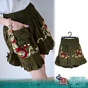 潘克拉 | 鬆緊腰荷葉邊下擺手搖繡棉質短褲 TM072  FREE 綠色