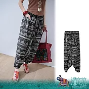 潘克拉 | 民族風圖紋中性鬆緊腰縲縈飛鼠褲 TM1500-6  FREE 黑色