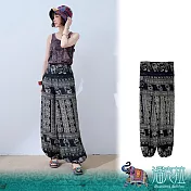 潘克拉 | 泰國大象花紋口袋半鬆緊縲縈燈籠褲 TM1501-8  FREE 黑色