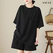 【AMIEE】時尚率性立挺休閒套裝(4色/M-2XL/KDAY-9331) 2XL 黑色