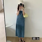 【Jilli~ko】韓版設計復古細繩開衩背帶牛仔連衣裙 J10837  FREE 藍色
