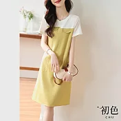 【初色】拼接假兩件休閒拼色中裙連身裙洋裝-黃色-68739(M-2XL可選) 2XL 黃色