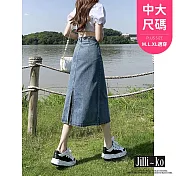【Jilli~ko】高腰後開衩中長款A字包臀牛仔半身裙 L-XL J10827  XL 藍色