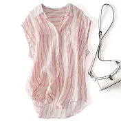 【初色】薄款涼爽撞色拼接直條紋無袖襯衫上衣-共2色-68749(M-2XL可選) L 粉色