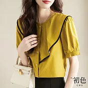 【初色】圓領拼接不對稱撞色荷葉邊泡泡袖短袖襯衫上衣-共2色-68765(M-2XL可選) XL 黃色