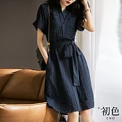 【初色】工裝風收腰綁帶肌理感短袖連身裙洋裝-共2色-68788(M-2XL可選) M 藏藍色