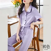 【初色】翻領單排直扣短袖上衣+高腰鬆緊褶皺設計長褲-紫色-68698(M-2XL可選) XL 紫色