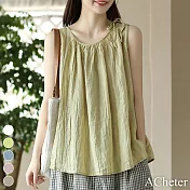 【ACheter】 復古上衣系帶無袖圓領背心褶皺吊帶寬鬆短版上衣# 118430 FREE 綠色