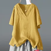 【慢。生活】不規則V領開衩純色寬鬆棉質上衣 12658 FREE 黃色