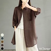 【ACheter】 大碼日系棉麻感七分袖襯衫設計法式甜美長版罩衫百搭上衣# 118406 M 咖色