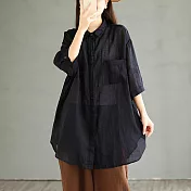 【ACheter】 大碼日系棉麻感七分袖襯衫設計法式甜美長版罩衫百搭上衣# 118406 2XL 黑色