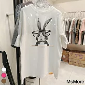 【MsMore】 眼鏡時尚兔圓領棉大碼短袖T恤寬鬆短版上衣# 118452 M 白色