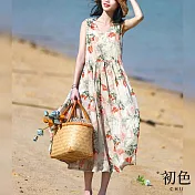 【初色】涼爽棉麻風碎花純色中大碼連身裙中長裙洋裝-共11款任選-62664(M-2XL可選) M C.花色