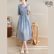 【初色】V領素色顯瘦收腰系帶五分短袖中長裙連身裙洋裝-淺灰藍色-68886(M-2XL可選) L 淺灰藍色