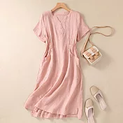 【ACheter】 中長裙短袖連身裙寬鬆遮肚顯瘦皺褶彈力收腰口袋中長版洋裝# 118510 2XL 粉紅色