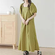 【ACheter】 慵懶風簡約壓花連身裙領口壓褶泡泡短袖長版寬鬆洋裝# 118578 FREE 綠色