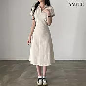 【AMIEE】復古POLO領撞色顯瘦連身裙(2色/L-XL/KDDY-9082) L 杏色