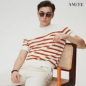 【AMIEE】條紋拼接休閒型男短袖針織衫(男裝/3色/M-3XL/KDTY-G32) 3XL 橙色