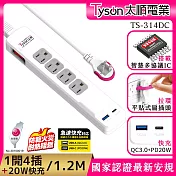 Tyson太順電業 314DC PD快充20W延長線(3孔1切4座+PD+QC3.0) 1.2M