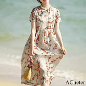 【ACheter】 民族風圓領棉麻感印花寬鬆顯瘦短袖長款連身裙洋裝# 118804 XL 花紋色
